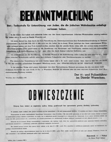 Notice mandating the death penalty for those who assist Jews who have left the ghetto without authorization